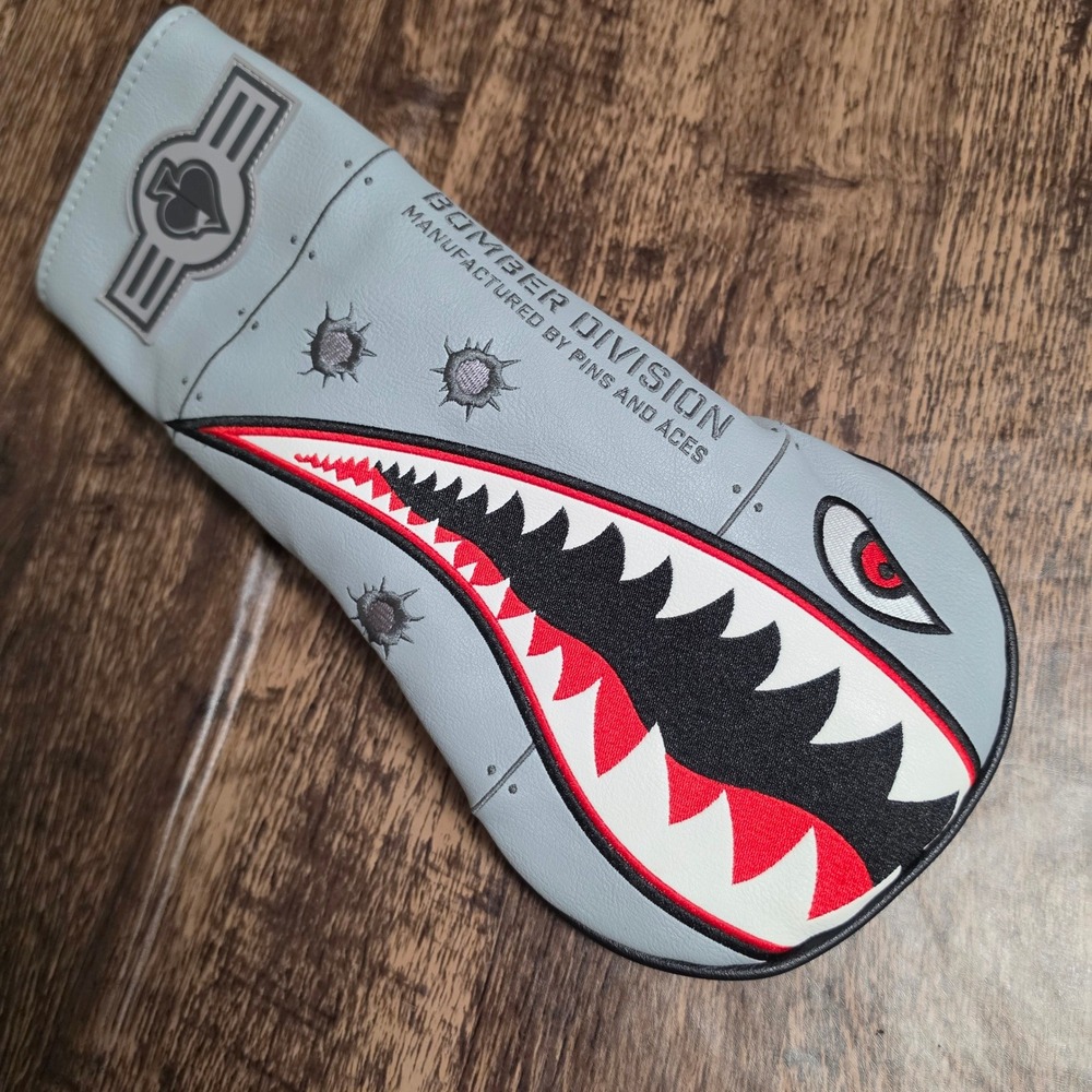 PINS AND ACES Bomber Division Driver Headcover Grey Shark Mouth Art new